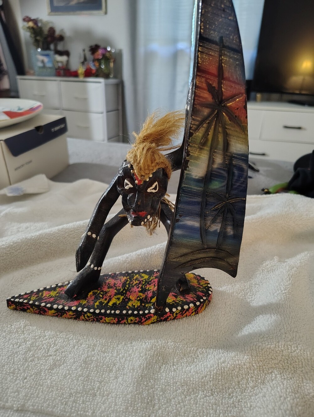 Hand-Carved Black Tribal Surfboard Figurine with Colorful Sail Made In Hawaii